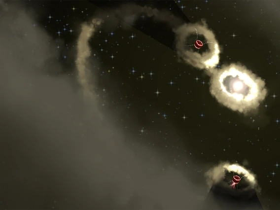 An artist’s impression of the PDS 70 system with protoplanets, each surrounded by dust rings illuminated by starlight. 