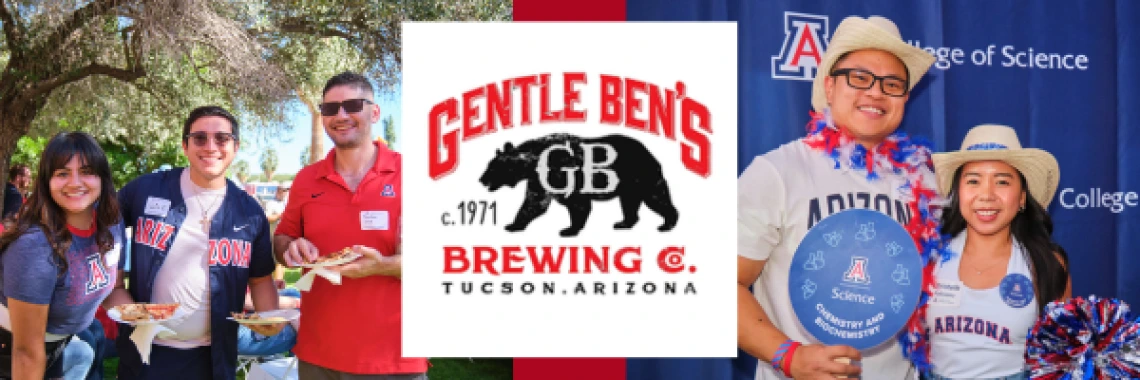 Gentle Ben's Brewing Co. logo centered surrounded by smiling College of Science alumni