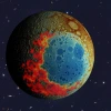 In this rendering, the lunar surface is represented by false colors. A blue circle indicates the low-lying South Pole-Aitken impact basin, surrounded by red and orange ejecta blankets to the south. 