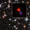 Galaxies of many shapes and colors dot the black background of distant space, with an inset zooming in on the red object dubbed "Virgil," the object of the study reported here.